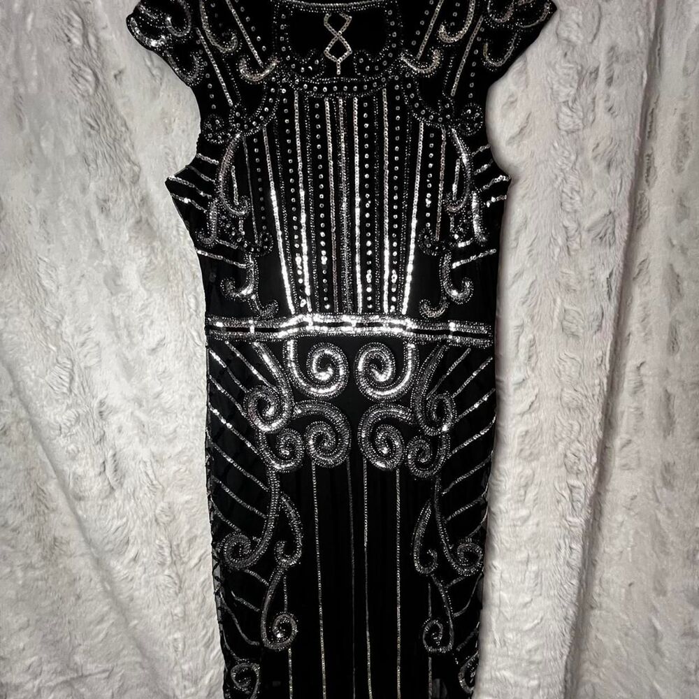 Black & silver beaded midi dress with fringe hem SIZE M - Picture 4 of 8